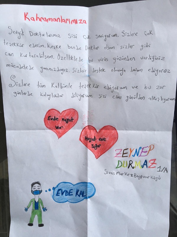 Sivas Beypınarı Köyü İlk ve Ortaokulu Öğrencilerinden Sağlık Çalışanlarına Mektup
