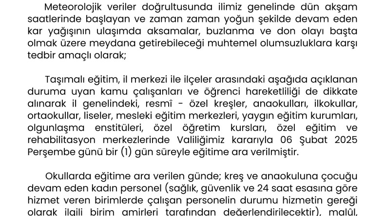 Çocukların beklediği kar tatili geldi Sivas İl Genelinde Eğitime 1 Gün Ara Verildi