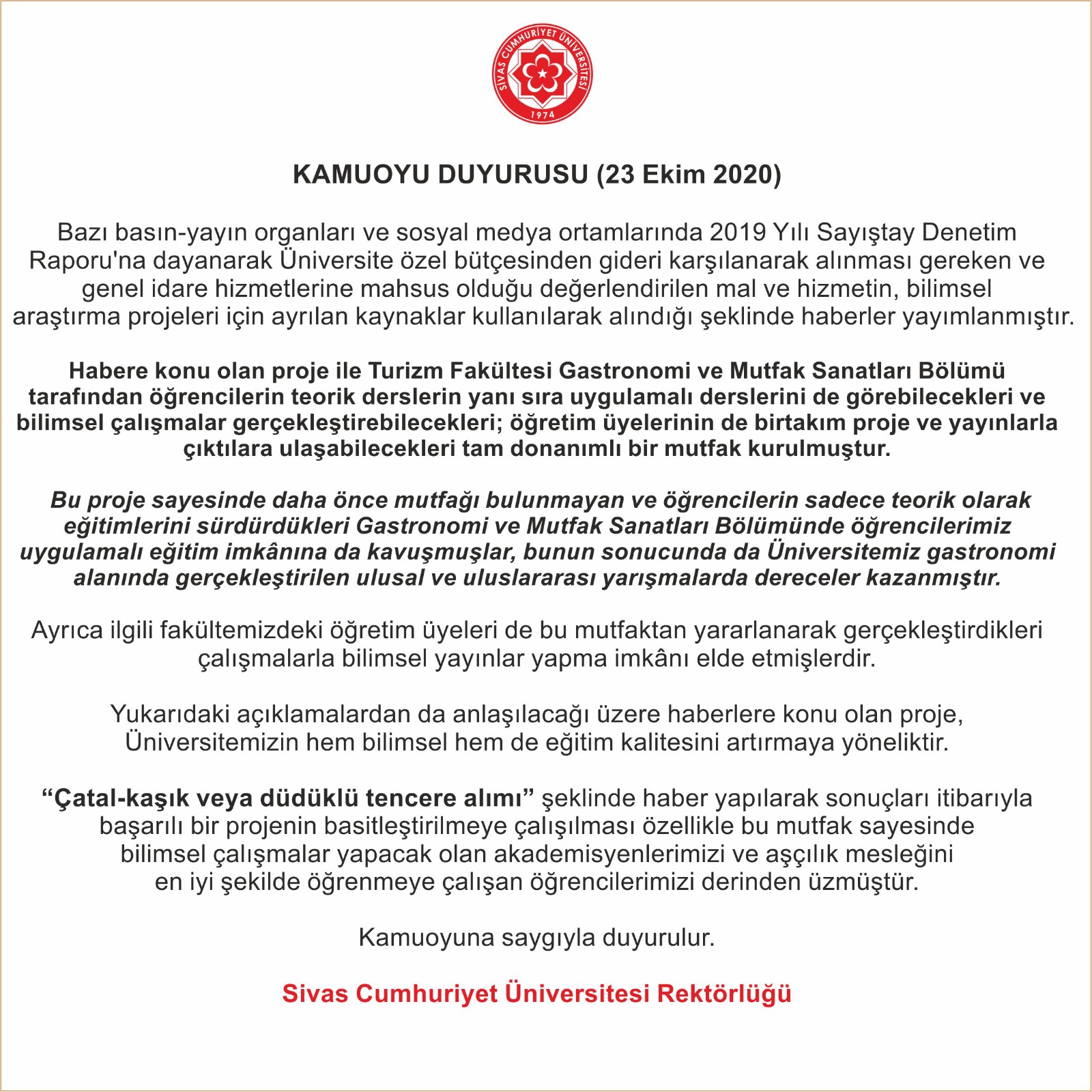 Cumhuriyet Üniversitesinden Açıklama